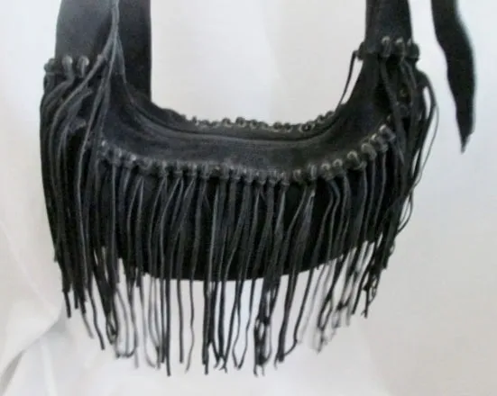 BAGTIQUE Suede Fringe indie hobo satchel shoulder bag slouch purse BLACK Hippie