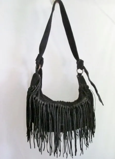 BAGTIQUE Suede Fringe indie hobo satchel shoulder bag slouch purse BLACK Hippie