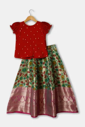 Chittythalli Girls Ethnic wear  Cotton blend  Pavadai Set with  Round Neck Puff Sleeve - Red - PS36