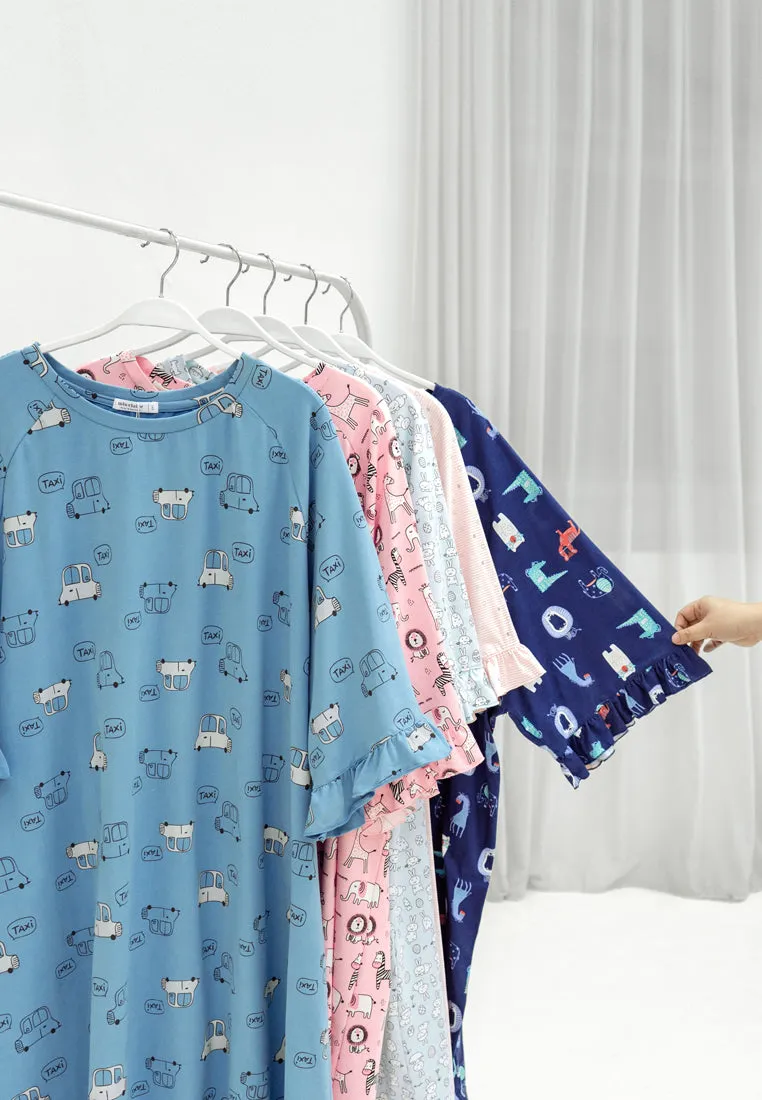 Fritzy Cute Frilly Short Sleep Dress - Dark Blue Animals