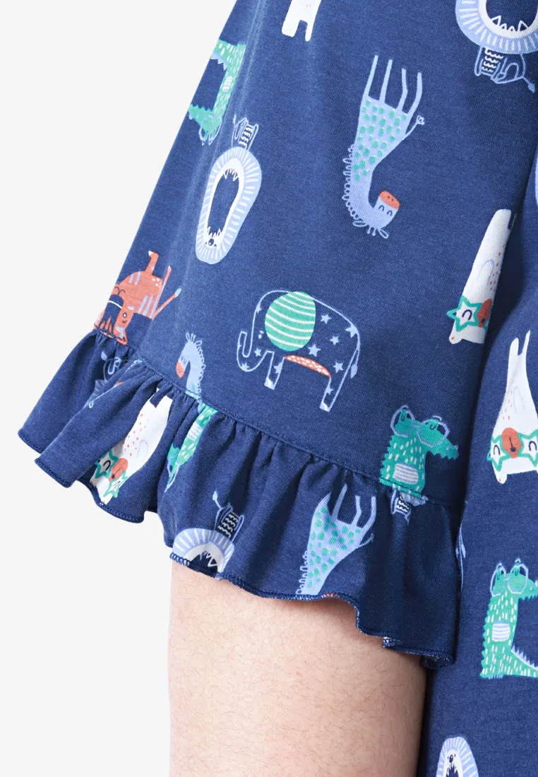 Fritzy Cute Frilly Short Sleep Dress - Dark Blue Animals