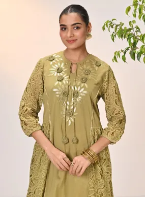 Inaara Moss Green Embroidered Raschel Net Dress For Women