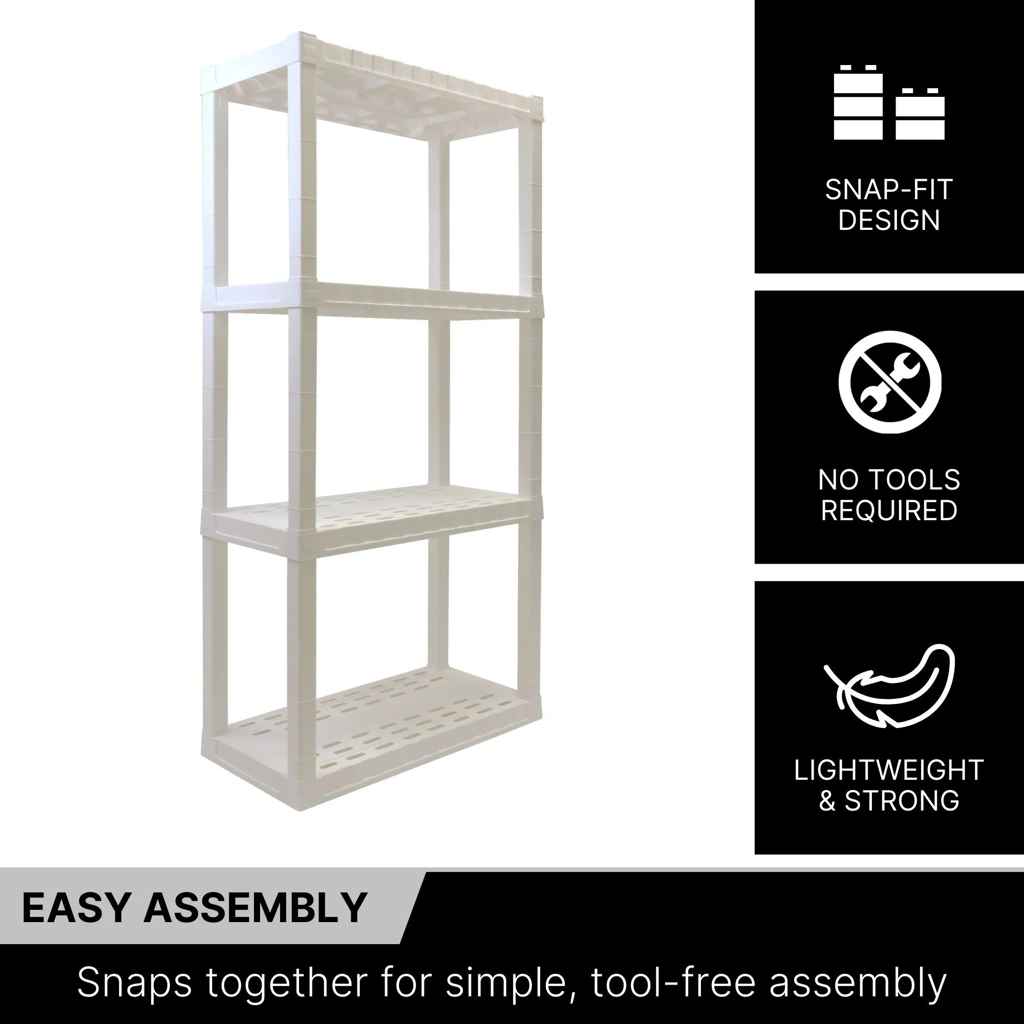 Oskar 4-Tier Storage Shelf, Holds 400 lbs (180 kg), W30 x D14 x H56, Multipurpose Organizer for Garage, Basement, Utility Shed, Workshop, Tool-Free Assembly, Made in North America, White