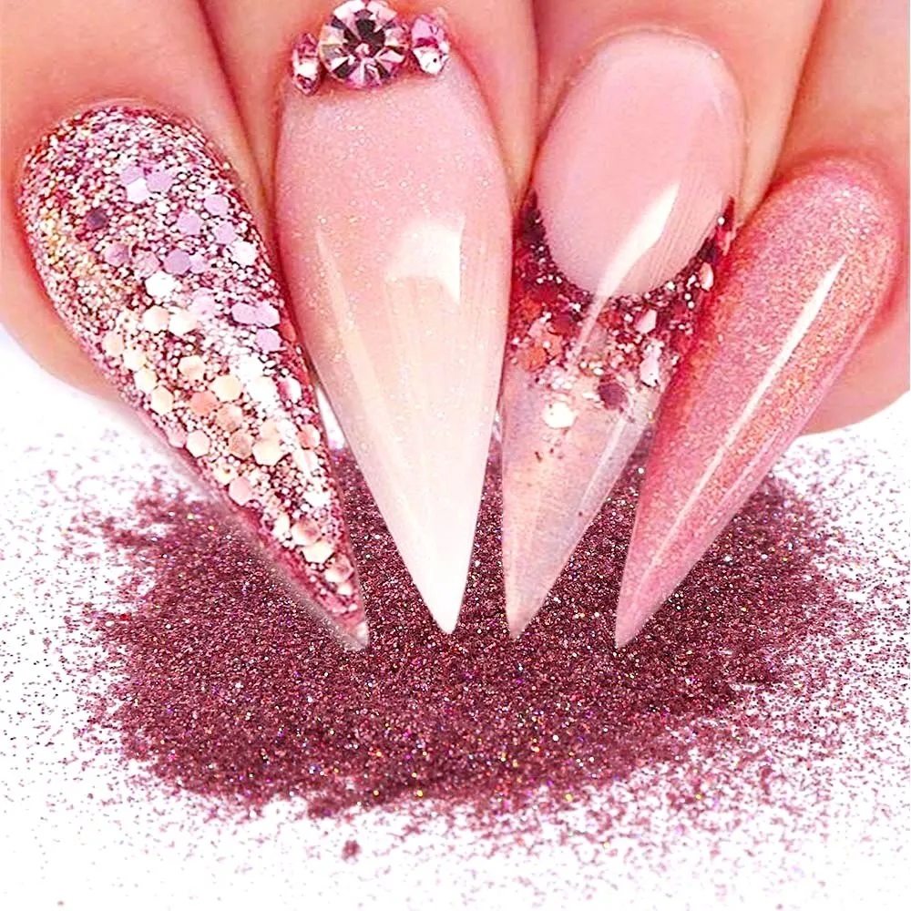 Pink Rose Glitter Flakes Nail Art - Set 8pcs Jar