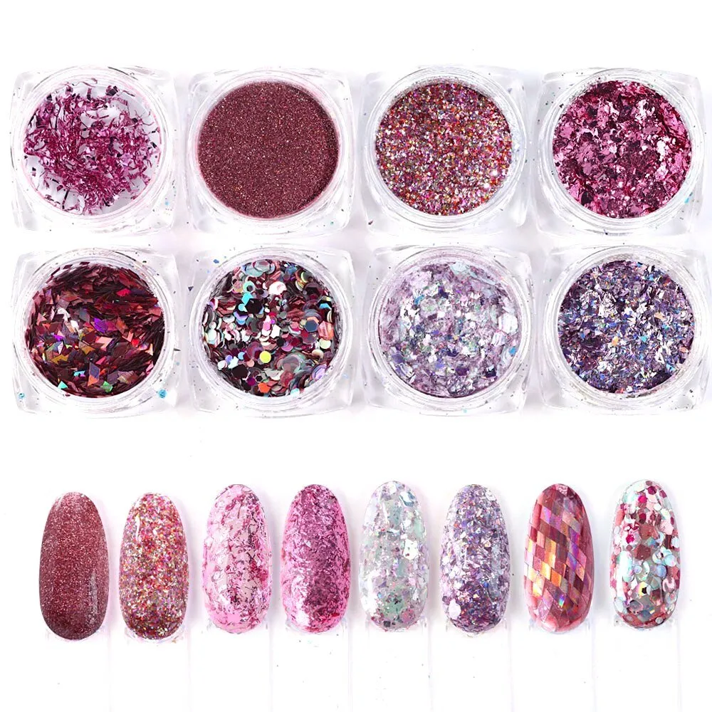 Pink Rose Glitter Flakes Nail Art - Set 8pcs Jar