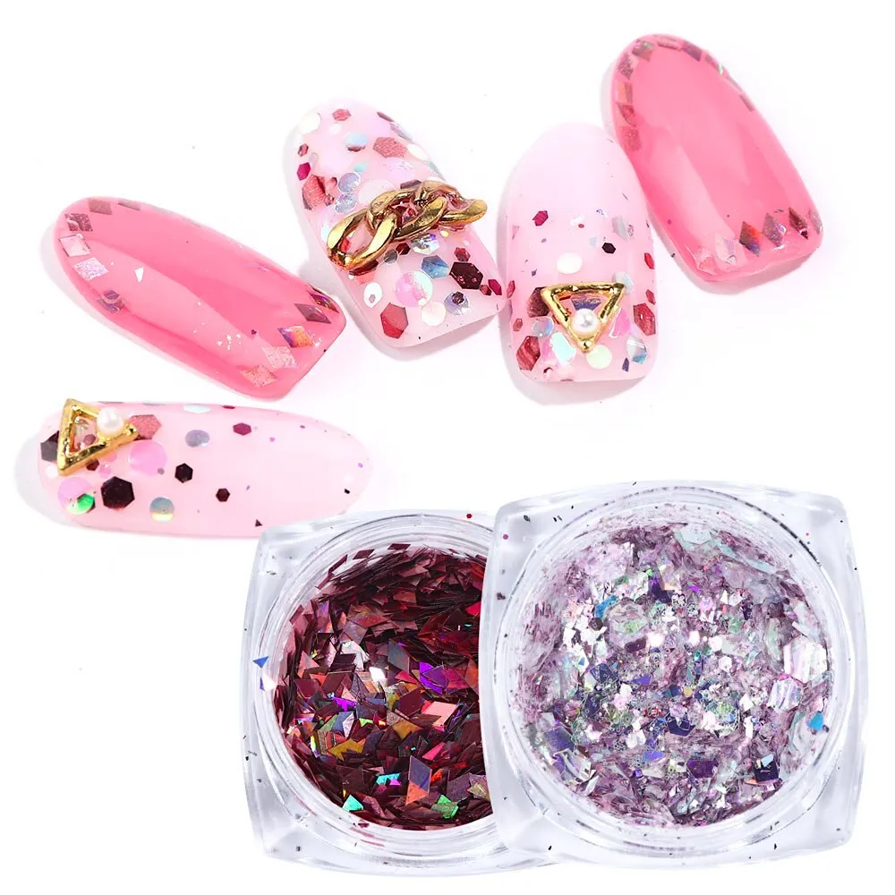 Pink Rose Glitter Flakes Nail Art - Set 8pcs Jar