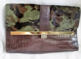 "C" camo calf fur crocodile Leather Clutch Case Purse Organizer BROWN GREEN Hair