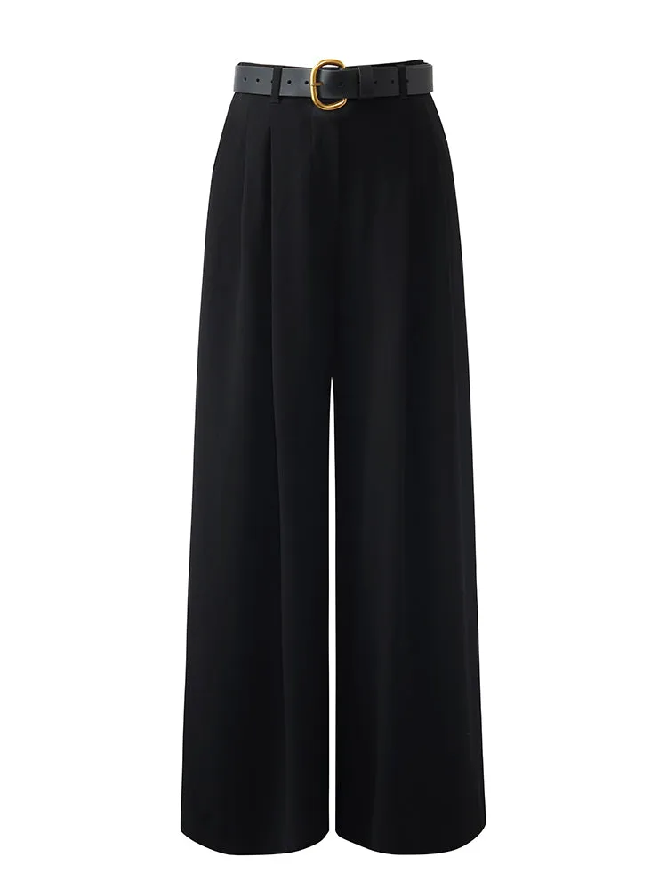 Triacetate Wide Leg Women Pants With Leather Belt